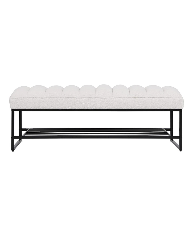 Modern Tufted Bench With Metal Shelf, Sherpa Upholstered Benches, Free Standing Shoe Organizer, End Of Bed Ottoman For Bedroom Living Room Entryway