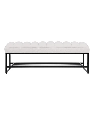 Modern Tufted Bench With Metal Shelf, Sherpa Upholstered Benches, Free Standing Shoe Organizer, End Of Bed Ottoman For Bedroom Living Room Entryway