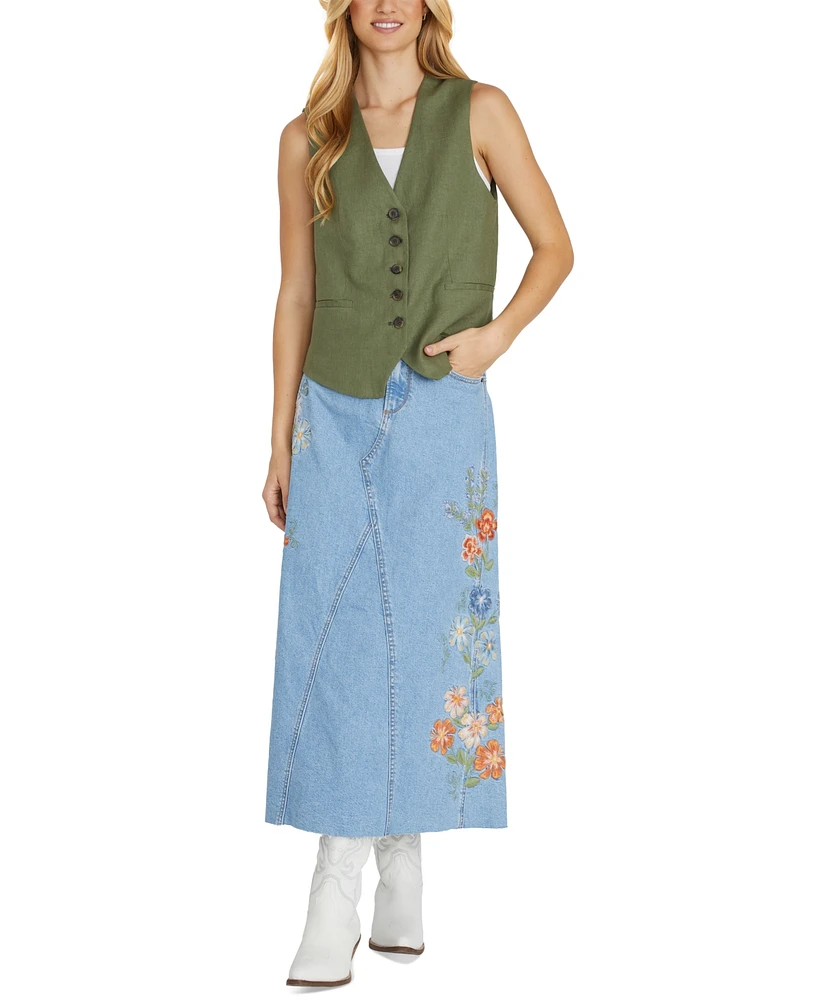 Driftwood Women's Joanna Denim Maxi Skirt X Pressed Flowers