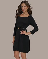 Donna Karan New York Women's Solid Belted Boat-Neck 3/4-Sleeve Dress