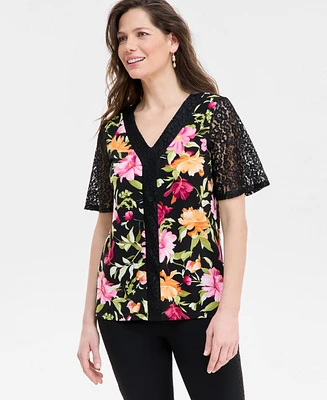 Jm Collection Petite Printed Lace V-Neck Top, Exclusively at Macy's