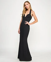 Seni & Cade Juniors' Plunging Black Halter Gown