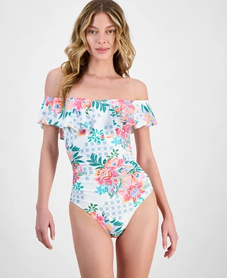 La Blanca Women's Riveria Resort Printed Off The Shoulder One-Piece Swimsuit, Exclusively at Macy's