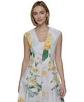 Karl Lagerfeld Paris Women's Cotton Placed Floral Midi Dress