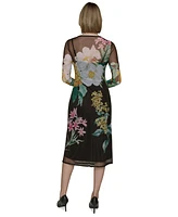 Karl Lagerfeld Paris Women's Mesh Floral-Print Long Sleeve Midi Dress