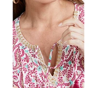 Jm Collection Women's Printed Split-Neck 3/4-Sleeve Top, Exclusively at Macy's