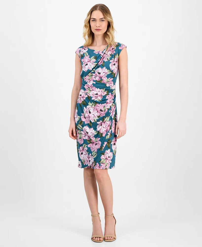 Connected Women's Printed Gathered Cap-Sleeve Sheath Dress