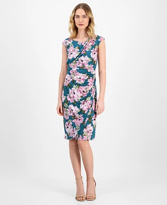 Connected Women's Printed Gathered Cap-Sleeve Sheath Dress
