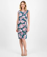 Connected Women's Printed Gathered Cap-Sleeve Sheath Dress