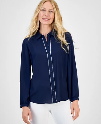Jm Collection Women's Solid Embellished Button Blouse, Exclusively at Macy's