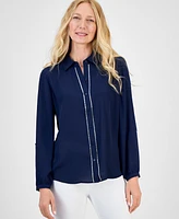 Jm Collection Women's Solid Embellished Button Blouse, Exclusively at Macy's