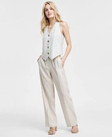 Jones New York Womens Striped Button Front Vest Wide Leg Pants