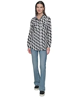 Karl Lagerfeld Paris Women's Motif Roll-Tab-Sleeve Button-Front Top