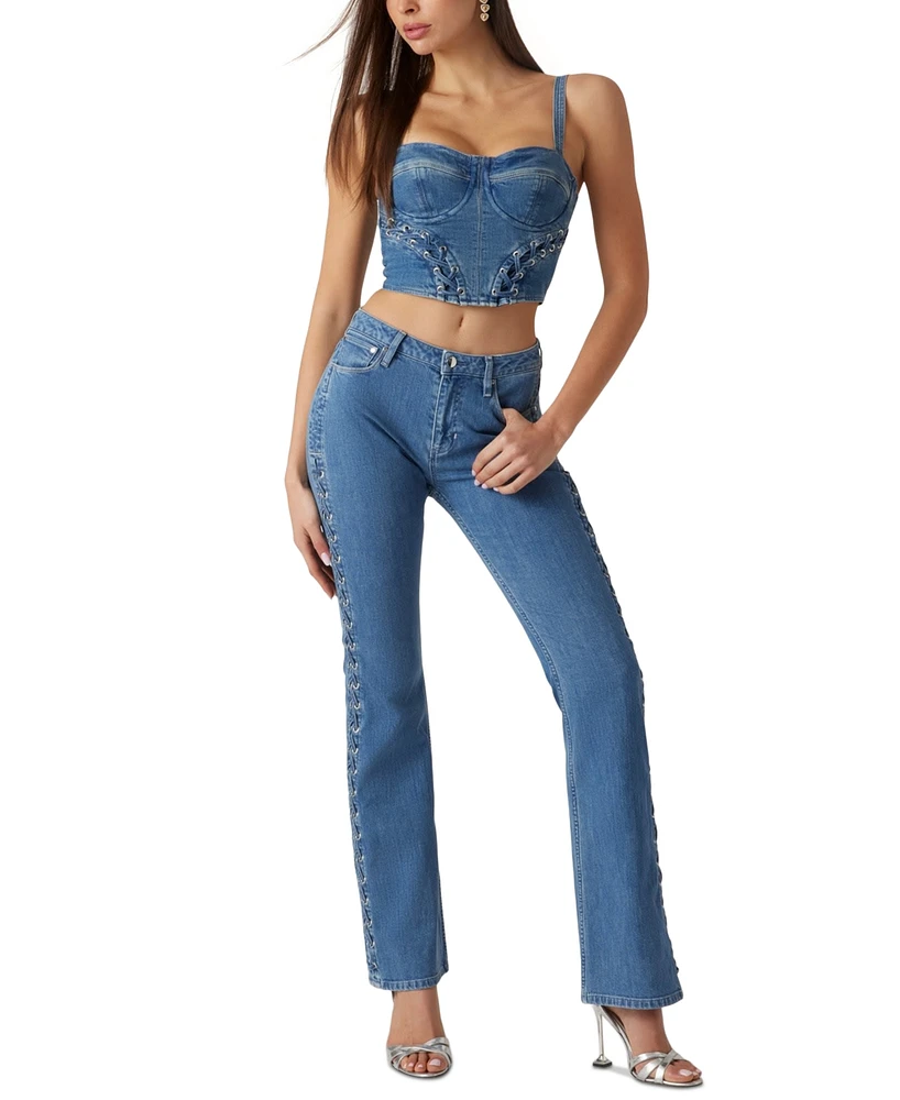 Guess Women's Mid-Rise Lace-Up Fare-Leg Jeans