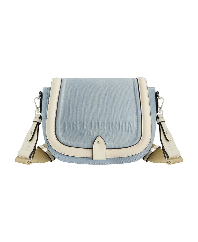 True Religion Distressed Logo Denim Saddle Bag