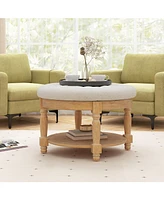 Large Round Ottoman Coffee Table 2-Tier Upholstered Tufted Footrest Ottoman with Flip-up Top