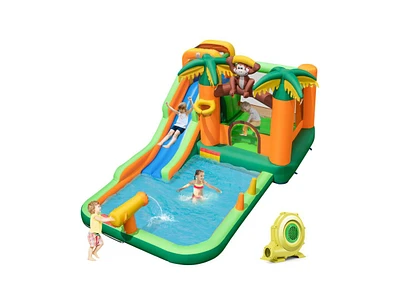 Monkey-Themed Inflatable Water Slide with Jumping Area and Pool with 680W Blower