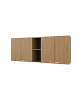 Fm Furniture Luray Wall Cabinet kitchen in Melamine wit 4 Doors and Open Storage, Natural Oak