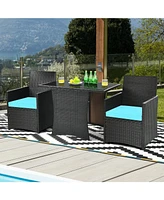 3 Pieces Patio Rattan Furniture Set with Cushion and Sofa Armrest