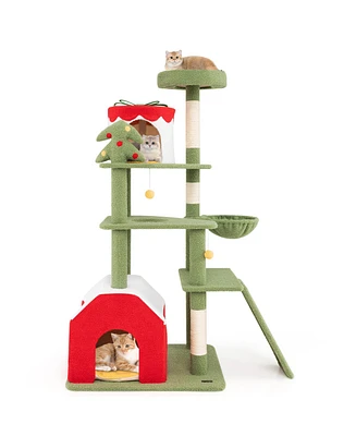 Cute Christmas Cat Tree with Scratching Posts & 2 Condos Festive Multi-Level Playhouse for Cats