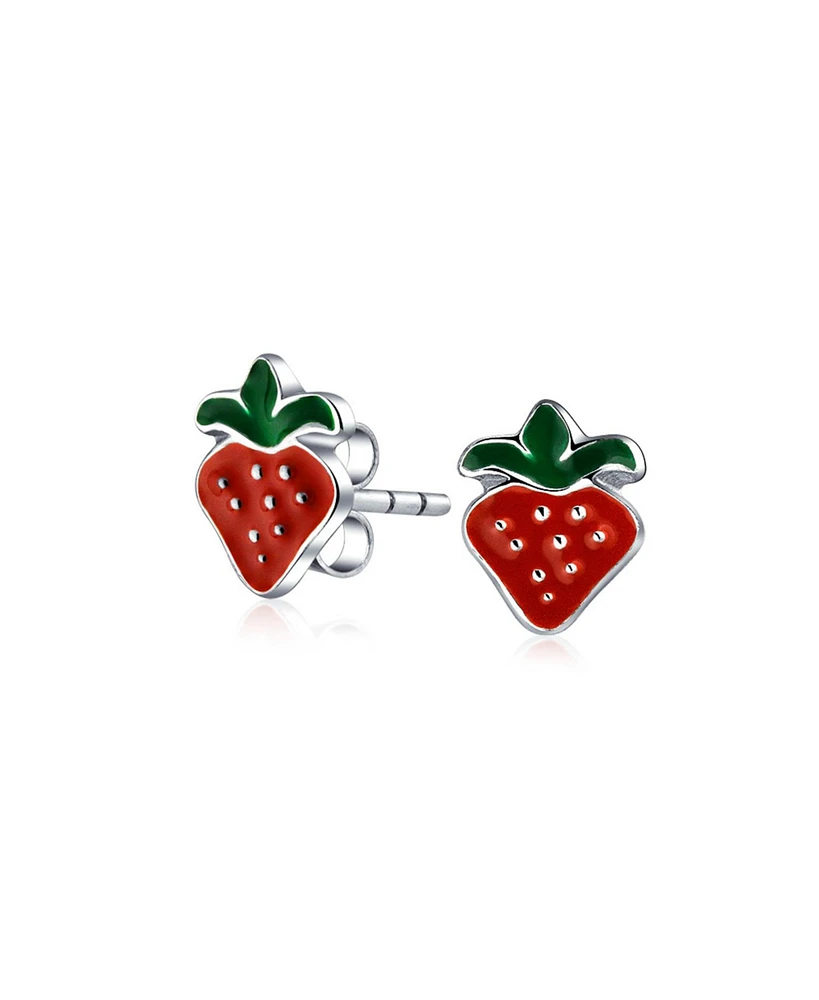 Bling Jewelry Tiny Small Summer Fruit Red Enamel Strawberry Stud Earrings .925 Sterling Silver