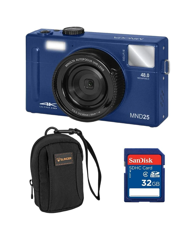 Minolta Minolta MND25 Digital Camera, 48 Mp Autofocus, 4K Ultra Hd Camera with Selfie Mirror & 32GB Sd Card, Blue, Bundle with Slinger Camera Bag