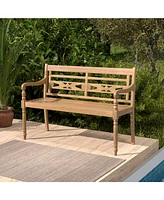 2-Person Teak Wood Patio Bench with Wide Backrest and Curved Armrests