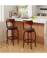 Set of 2 Swivel Bar Stools with Rubber Wood Base and Cushioned Seat