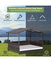 Wicker Outdoor Dog House with Weatherproof Roof