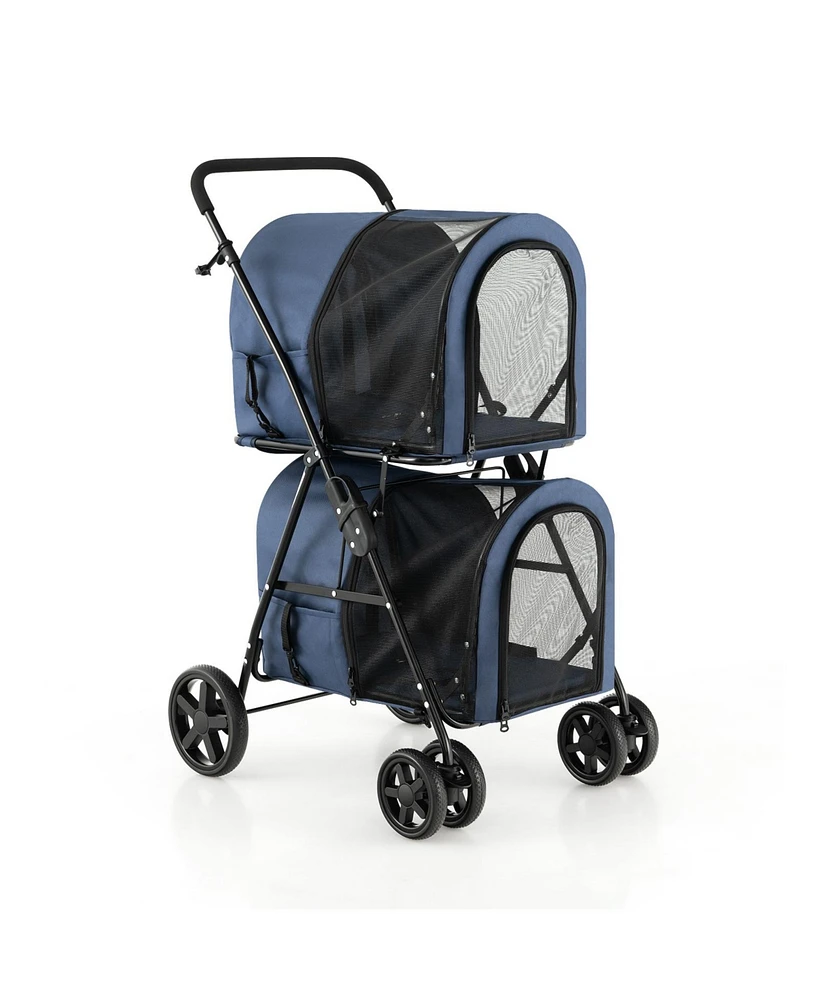 Double Pet Stroller with 2 Detachable Carrier Bags, Safety Belt, 4 Lockable Wheels Cat Stroller Travel Carrier Strolling Cart