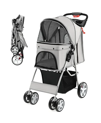 Folding Pet Stroller with Storage Basket and Adjustable Canopy