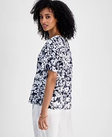 Tommy Hilfiger Women's Floral-Print Linen-Blend Pintucked Top