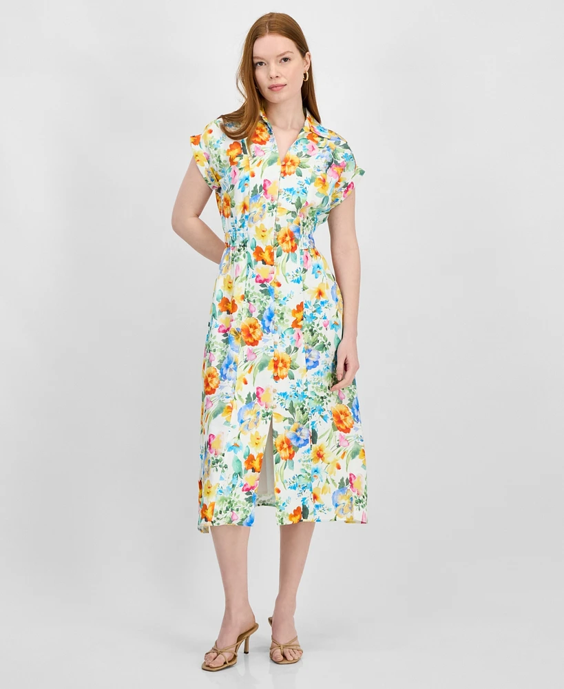 T Tahari Women's Collared V-Neck Cap-Sleeve Midi Dress