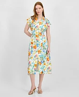 T Tahari Women's Collared V-Neck Cap-Sleeve Midi Dress
