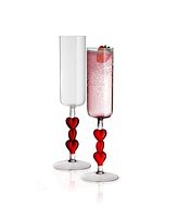 Qualia Glass Red Heart Stemmed Champagne Flute Glasses, Set of 2