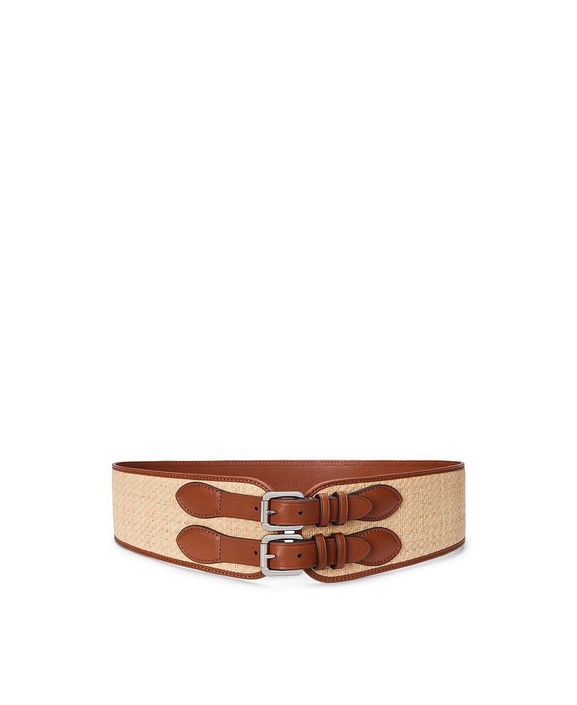 Lauren Ralph Textured Raffia and Leather Double-Buckle Wide Belt