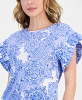 Nautica Jeans Women's Printed Flutter-Sleeve Top