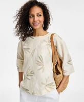 Charter Club Women's Palm-Print 100% Linen Top, Exclusively at Macy's