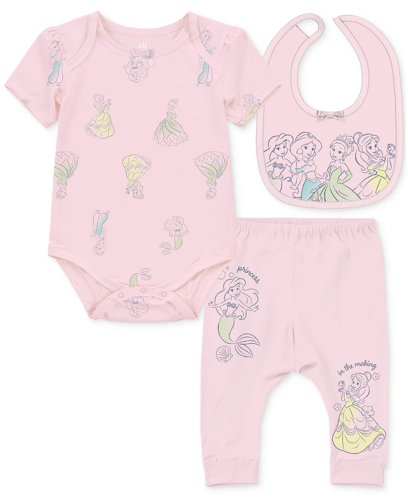 Disney Baby Girls Princesses Bodysuit, Pants & Bib, 3 Piece Set
