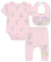 Disney Baby Girls Princesses Bodysuit, Pants & Bib, 3 Piece Set