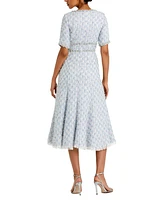 Women's Short Sleeve Beaded Trim Boucle Midi Dress