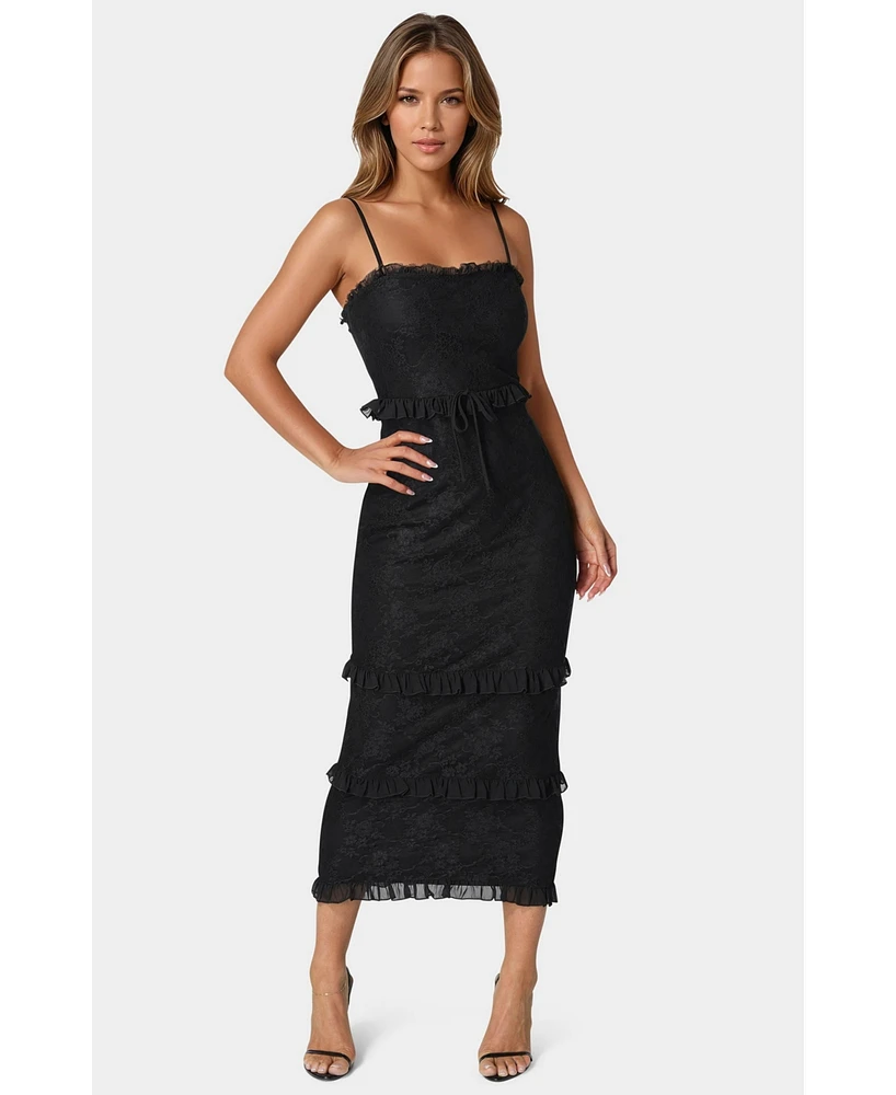 bebe Women's Lace Maxi with Ruffle Dress