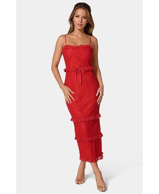 Bebe Women's Lace Maxi with Ruffle Dress