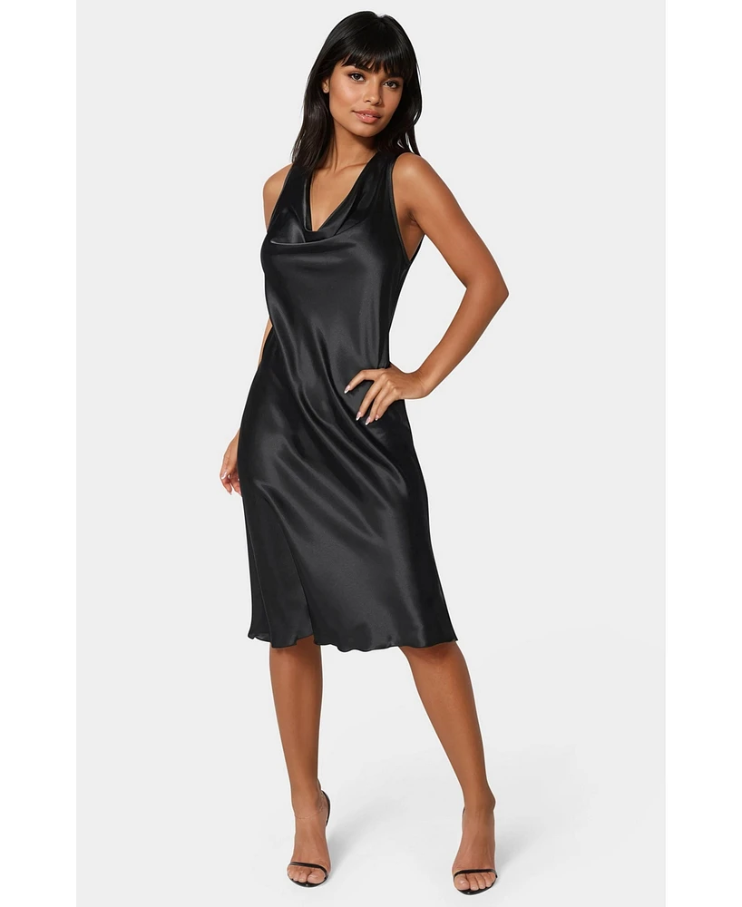 Bebe Women's Drape Front Sleeveless Satin Midi Dress