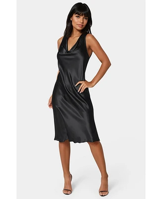 bebe Women's Drape Front Sleeveless Satin Midi Dress