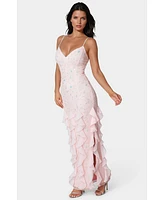 Bebe Women's Cascade Beaded Mesh Gown