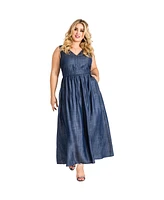 Women's Plus V-Neck A-Line Tencel Denim Maxi Dress