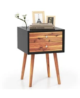 Gymax 2PCS Wooden Nightstand Mid-Century End Side Table Living Room W/2 Storage Drawer