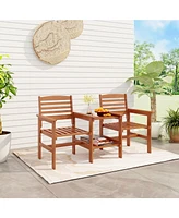 Outdoor Patio Wood 2-Seat Conversation Set with Coffee Table and Umbrella Hole