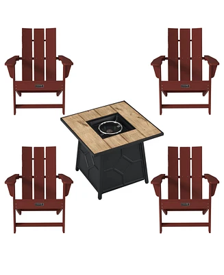 Piece Hdpe Adirondack Chair Outdoor Meeting Set with Fire Pit Table, 28-inch Square 40,000 Btu Auto-Ignition Propane Gas Firepit with Waterproof Cov